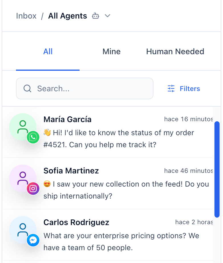 Unified inbox showing conversations from WhatsApp, Instagram, Messenger, and more