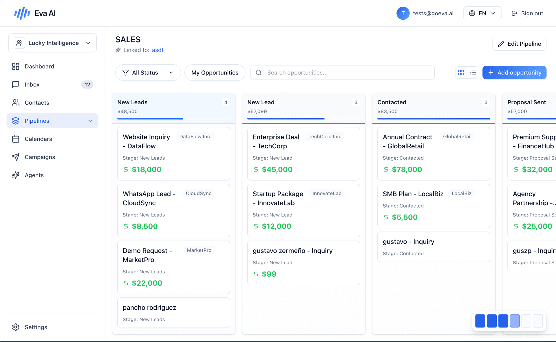 Eva CRM Pipeline board showing deal stages and opportunities